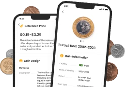 Exemplo de descrição de uma moeda no Coin ID Scanner em dois ecrãs de smartphone.