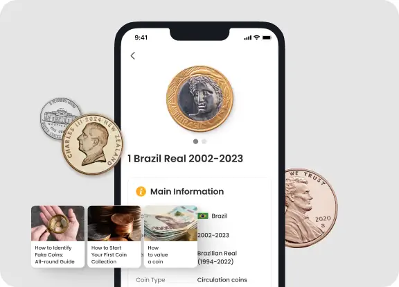 Exemplo de descrição de moedas e algumas funções da aplicação Coin ID Scanner.