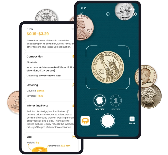 A preview of scanning feature and coin description in the Coin ID Scanner app on two smartphone screens.