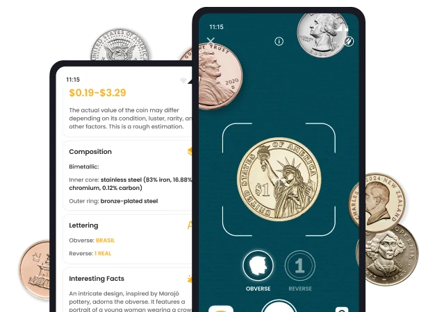 An example of a coin description and some of the features and options of the Coin ID Scanner app on two smartphone screens.