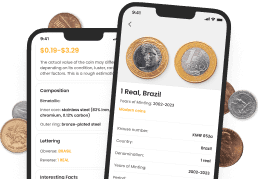 Exemplo de descrição de uma moeda no Coin ID Scanner em dois ecrãs de smartphone.