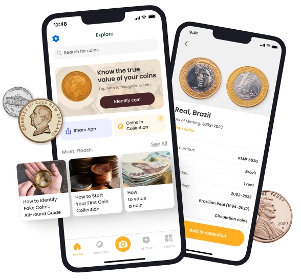 An example of a coin description and some of the features and options of the Coin ID Scanner app on two smartphone screens.