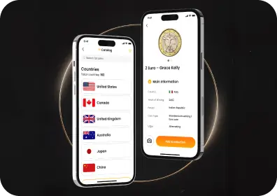A smartphone on a laptop with a coin information card open on the screen; a gold coin lies next to it.