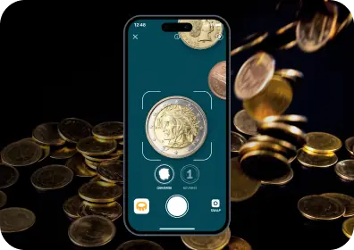 A smartphone showing the interface for the coin recognition feature.