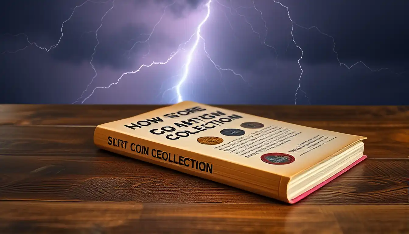 a book titled "how to store coin collection" that is lying on a wooden table under the lightning