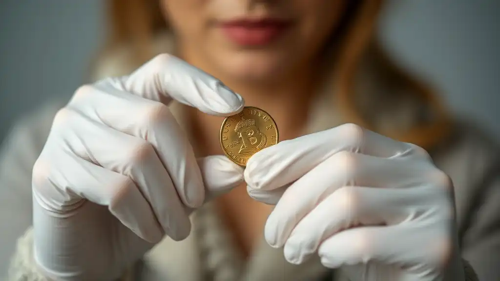 a woman carefully takes a coin with her handles wearing special numismatic gloves