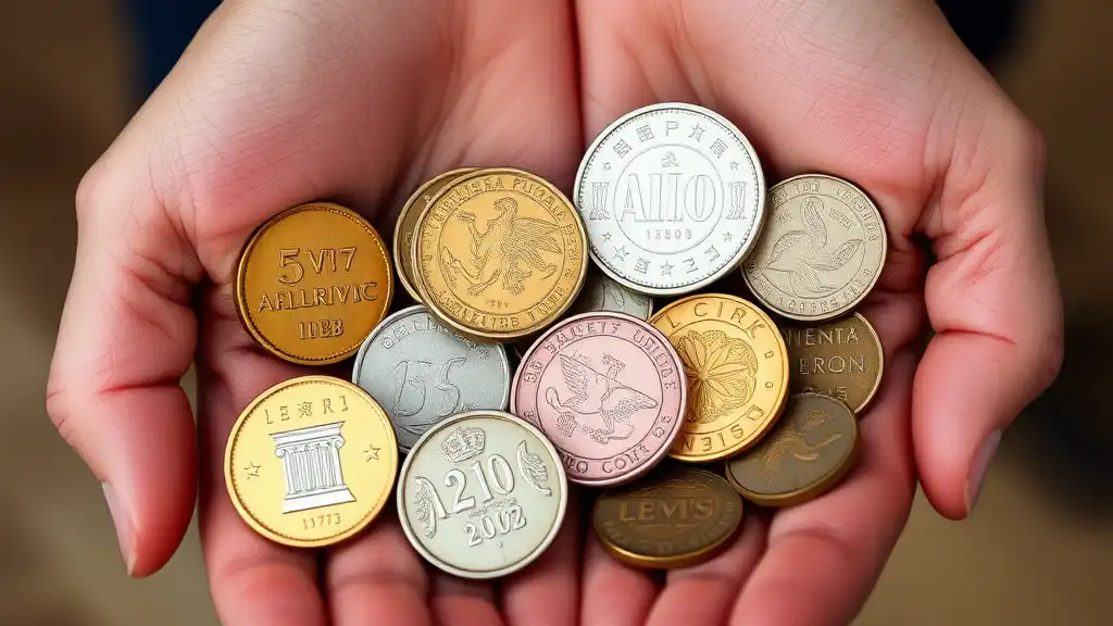 Close-up of hands holding a variety of foreign coins, showcasing their intricate designs, helping users with foreign coin identification