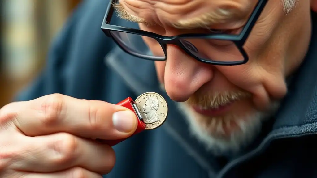 A coin collector scrutinizes a coin with a magnet, learning the methods of identification techniques.