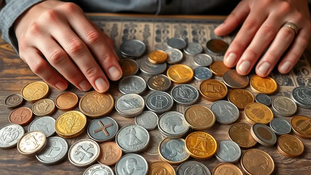 Various foreign coins with cultural symbols are laid on the table and the novice collector considers them while identifying foreign coins.