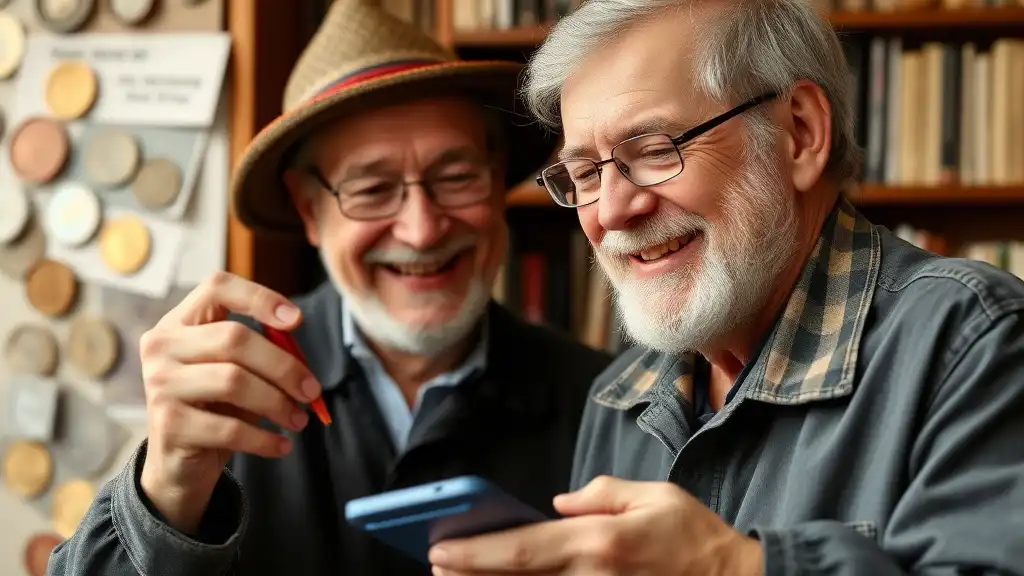 A collector smiling while entering information about their foreign coins into a world coin identifier and value app for easy tracking.