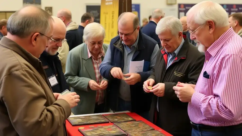 A group of collectors at a coin fair, exchanging foreign coins and discussing foreign coin values and identification.