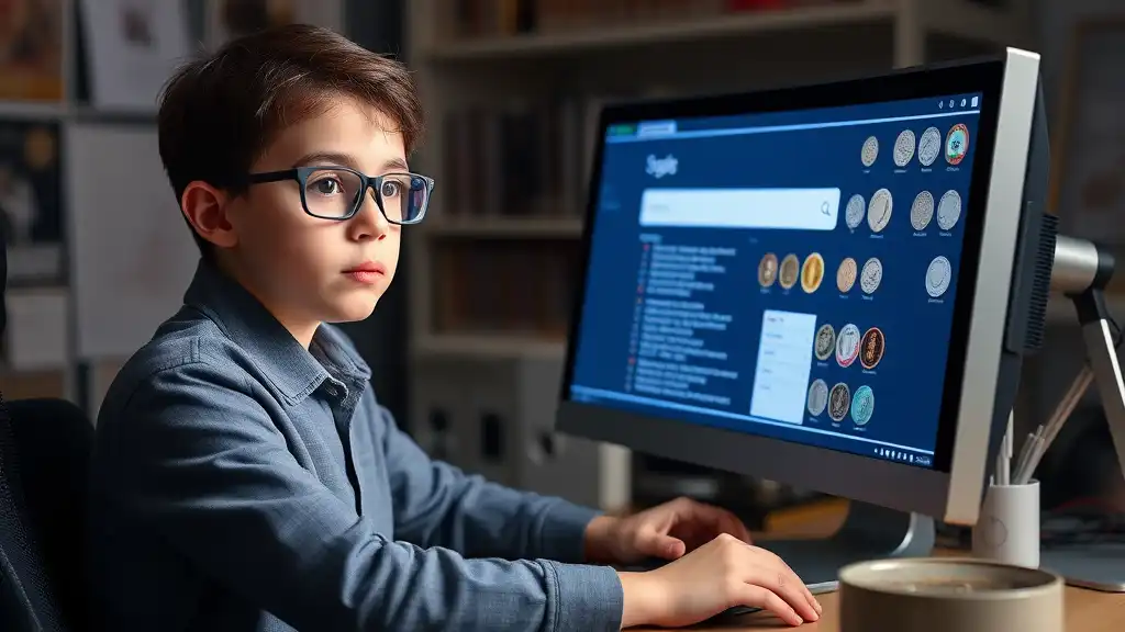 A young collector sits in front of a PC monitor with a puzzled look and googles "error coins list pdf" and "how to look for errors in coins"