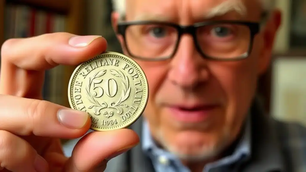 An experienced coin collector proudly displays a rare misprint coin, one of the more sought-after pieces from a coin error guide.