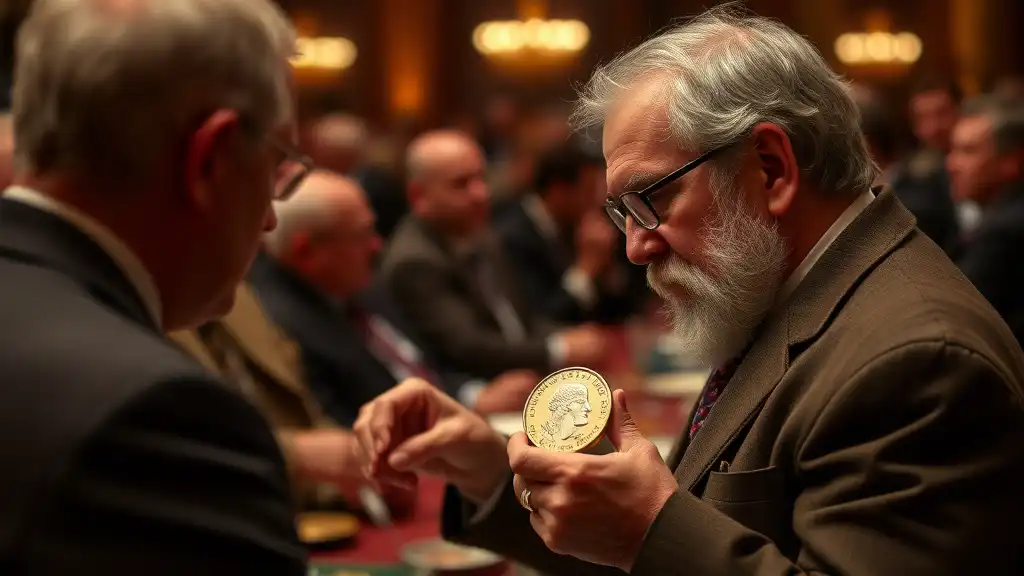 A numismatist at a coin auction spots a valuable error coin, adding it to their list of coin errors to look for in future investments.