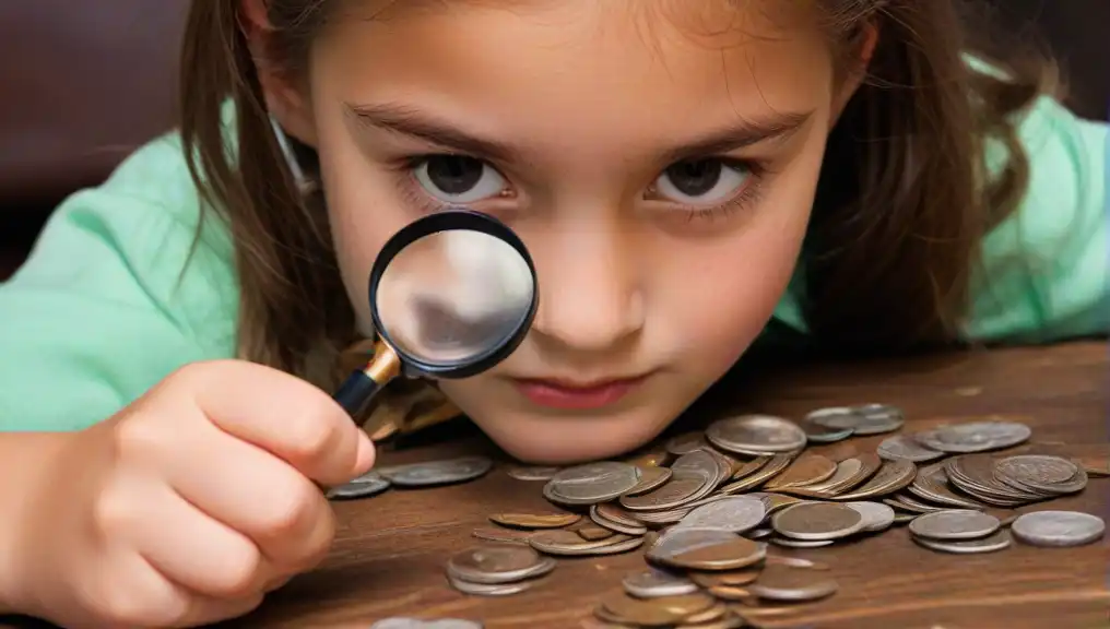 A young numismatist uses a magnifying glass to identify messed up coins, eager to explore a coin errors guide for valuable finds.