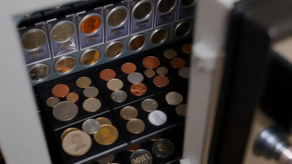 An organized coin collection neatly stored in a coin safe with custom trays, preventing tarnishing and damage.