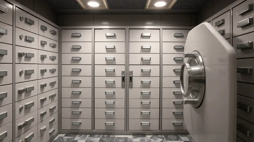 A secure bank vault with safe deposit boxes, offering professional-grade security for valuable coin collections.