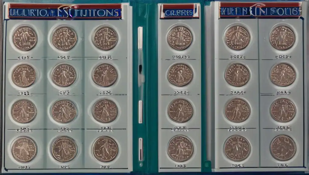 US quarter coin folder showing neatly organized coins with labeled slots for each year and mint mark.