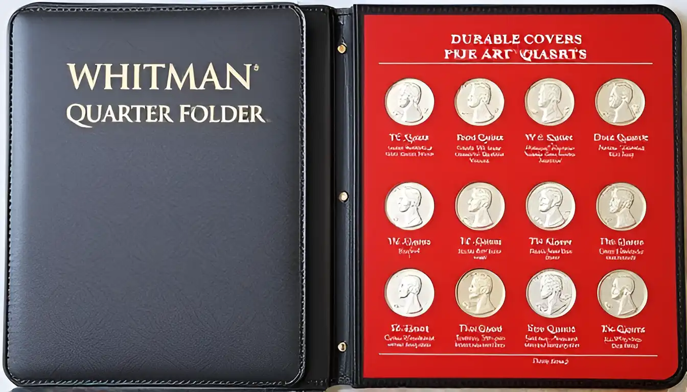 Whitman quarter coin folder with durable cover and detailed slots for each quarter in the series.