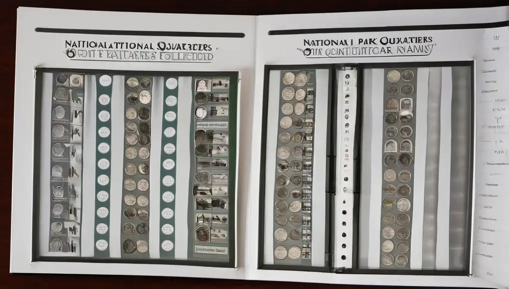 National Park Quarters organized in a collector folder with slots labeled by park name and year.