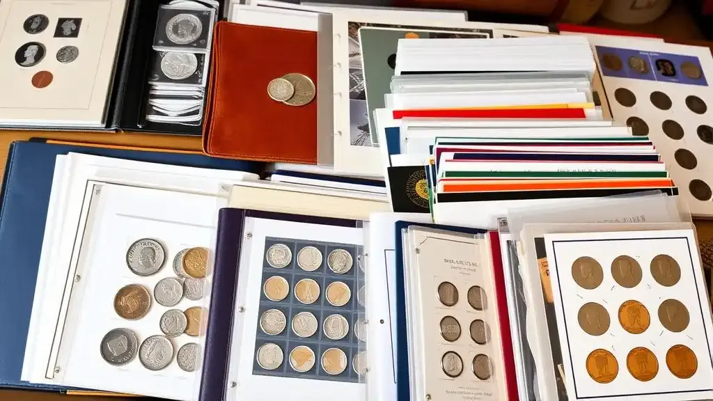 A collection of coin albums and folders neatly arranged for organizing collections as a coin collector gift