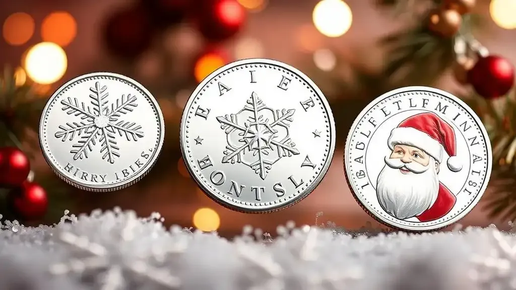 christmas gifts for coin collectors - holiday-themed coin set featuring silver rounds with designs such as snowflakes and Santa Claus