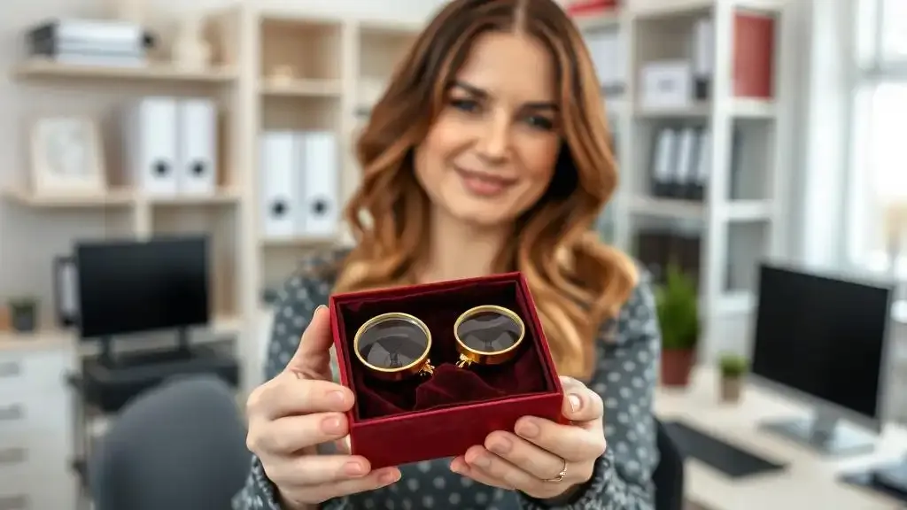 a woman presenting coin magnifiers as gifts for numismatists in a neatly organized office