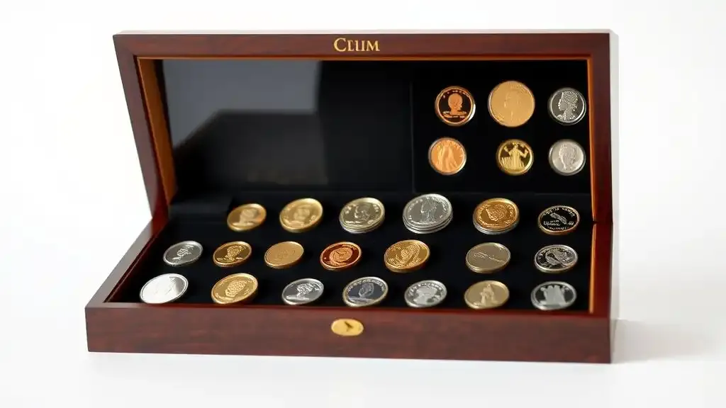 one of the gift ideas for coin collectors - an elegant wooden coin display case showcasing a collection of valuable coins