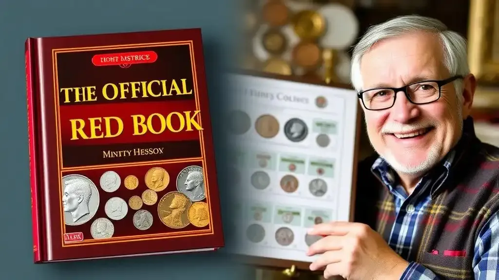 A numismatic book, 'The Official Red Book,' next to a coin collection and a smiling coin collector