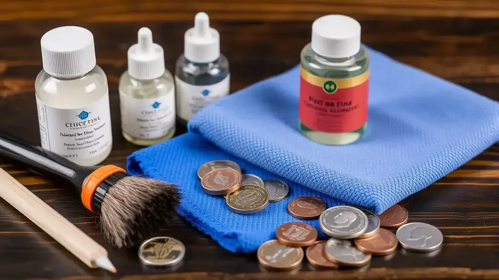 Complete coin cleaning kit with brushes, non-abrasive solutions, and a microfiber cloth that will be gifts for numismatists