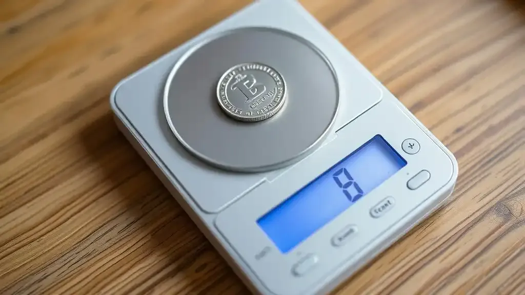 Digital coin scale on a tabletop, weighing a coin to determine its exact weight.