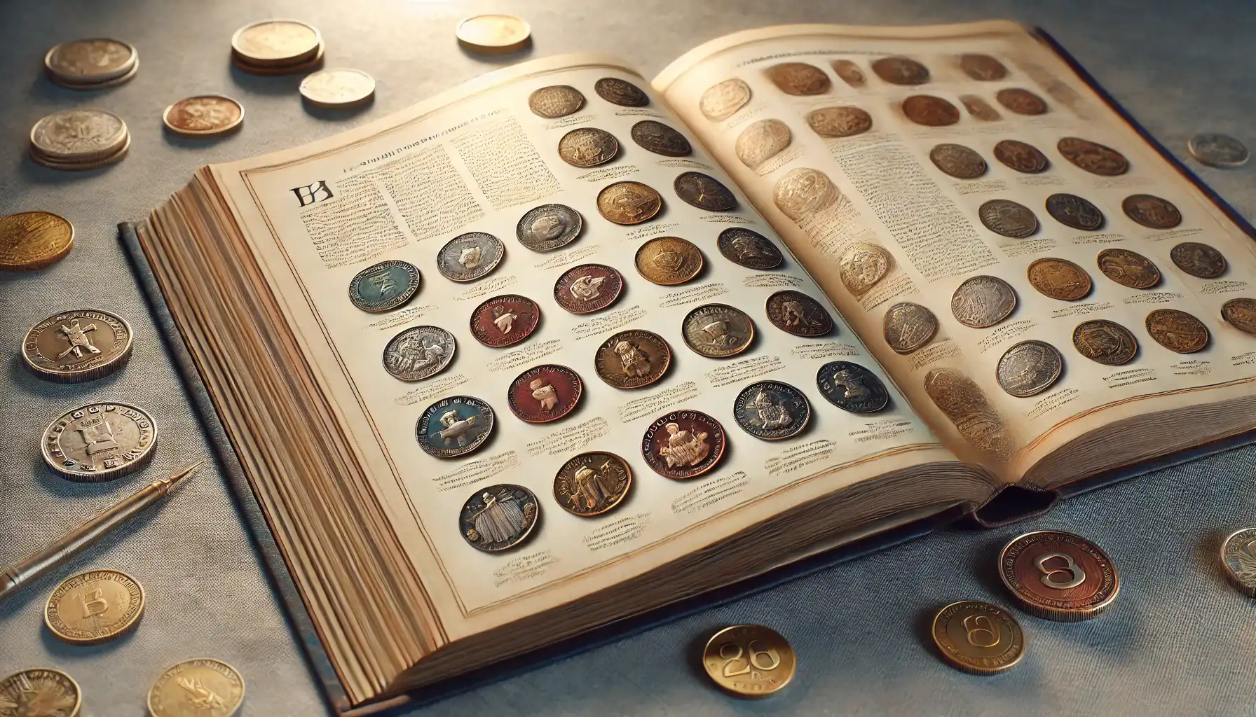 An open catalog or book on coins to collect, with detailed illustrations of various coins and their historical contexts.