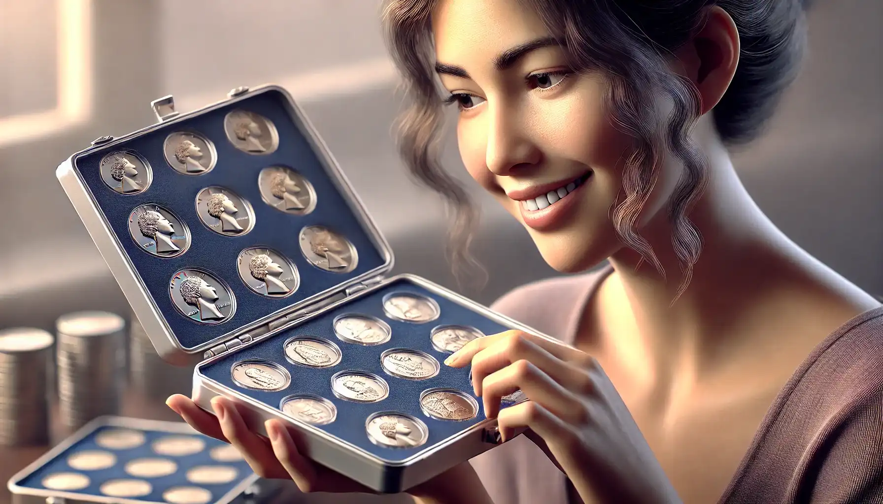 A smiling woman looks at her best coins to collect for investment  in a protective case