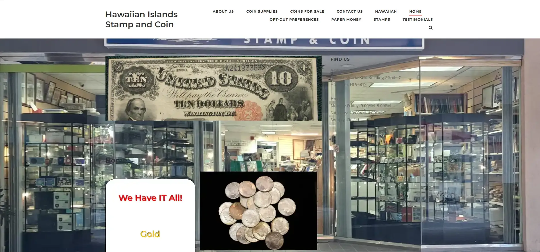 A screenshot of the Hawaiian Islands Stamp and Coin website, displaying its homepage.