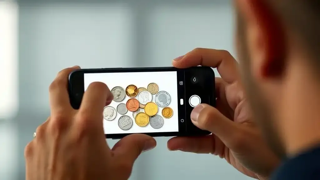 A beginner numismatist adjusting camera settings on their smartphone, getting ready to capture a sharp picture of coins for evaluation.