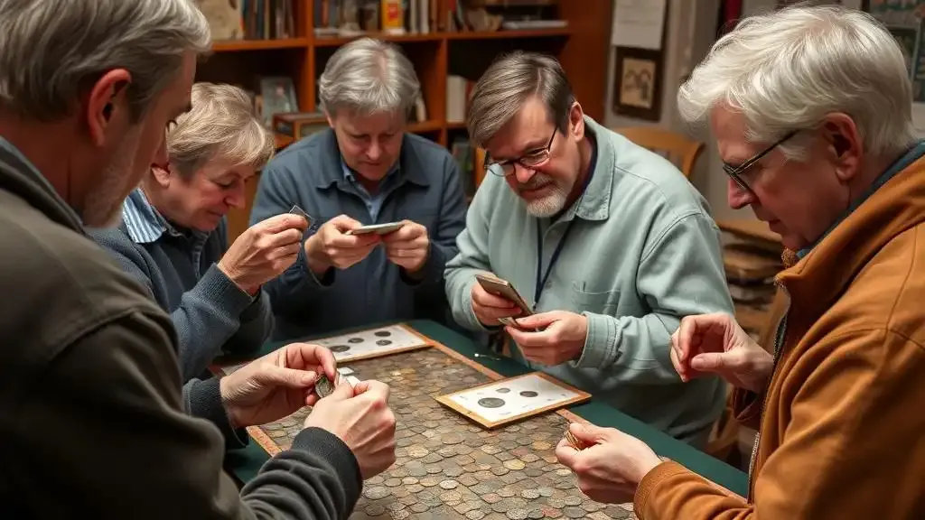 A group of collectors discussing rare coins while taking pictures of coin collections, highlighting the social aspect of numismatics.