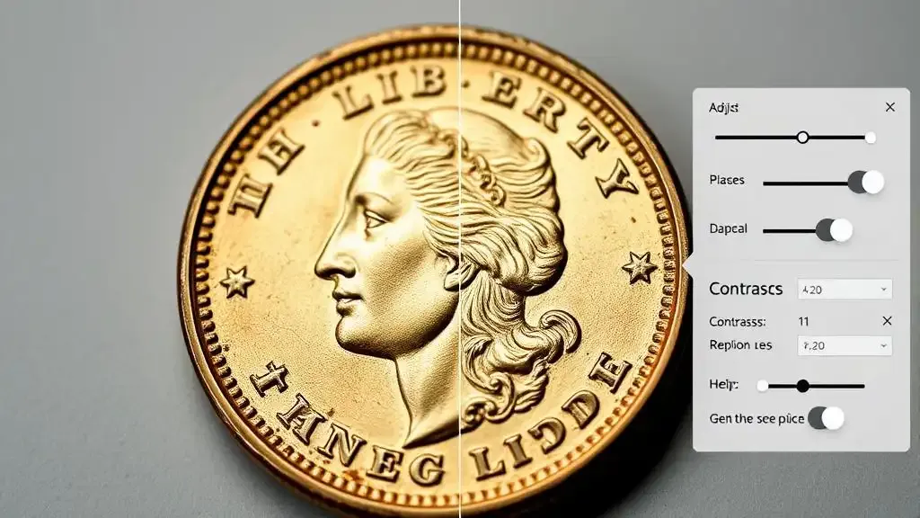 A user improving a coin pic by adjusting brightness and contrast settings, refining the coin picture for optimal detail and sharpness without losing key features.