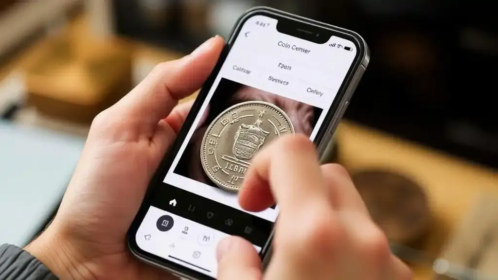 An app user uploading a coins photo into the Coin ID Scanner app, showcasing the app's easy-to-use interface for collectors.