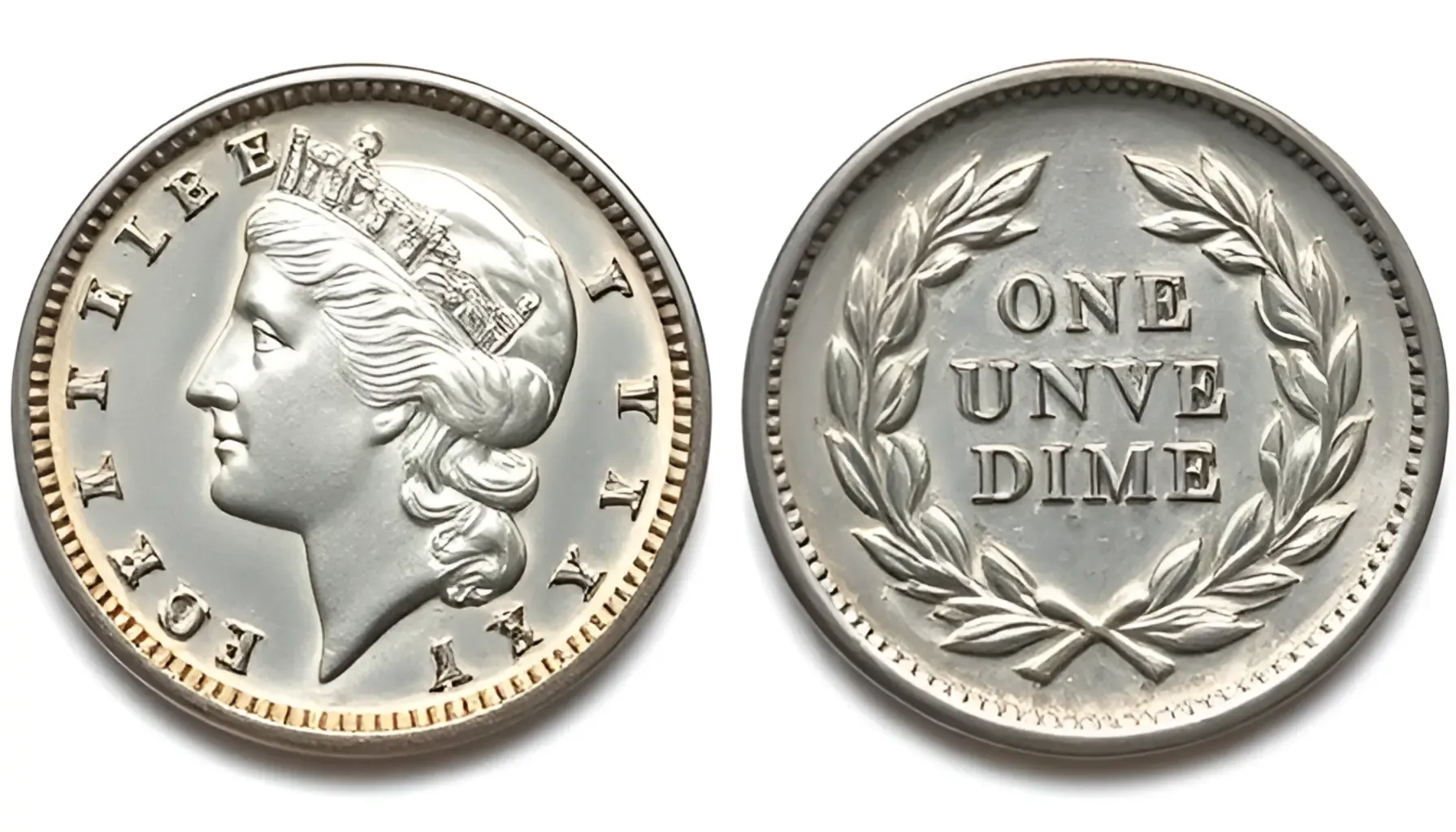 A picture of a Barber Dime, featuring the obverse with the profile of Liberty, wearing a cap, and the reverse with a wreath surrounding its denomination