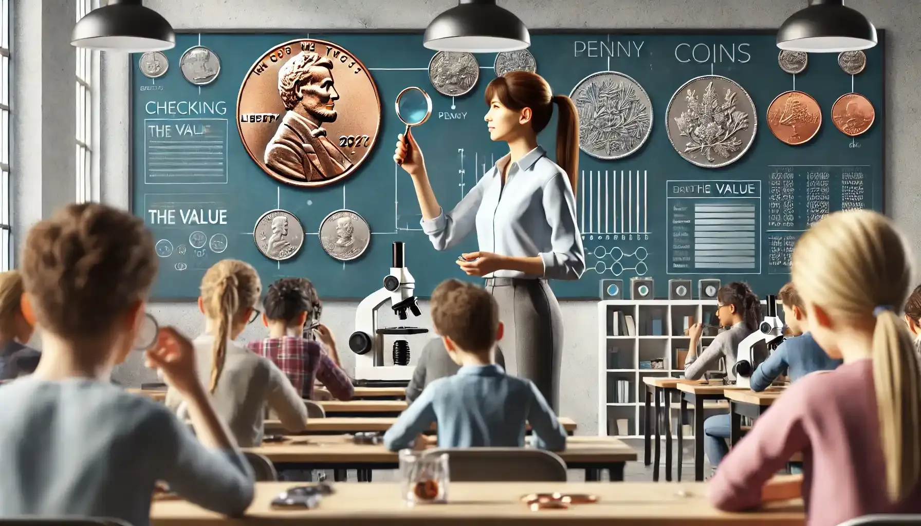 a female numismatists explains how to check penny value to students during a lesson