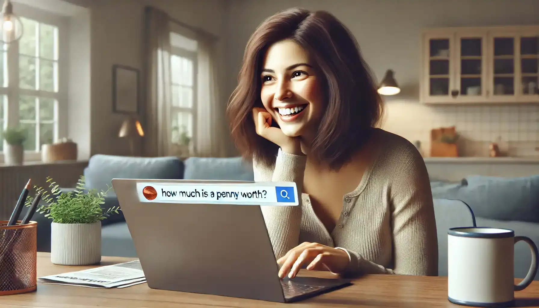 a smiling woman googling how much is a penny worth