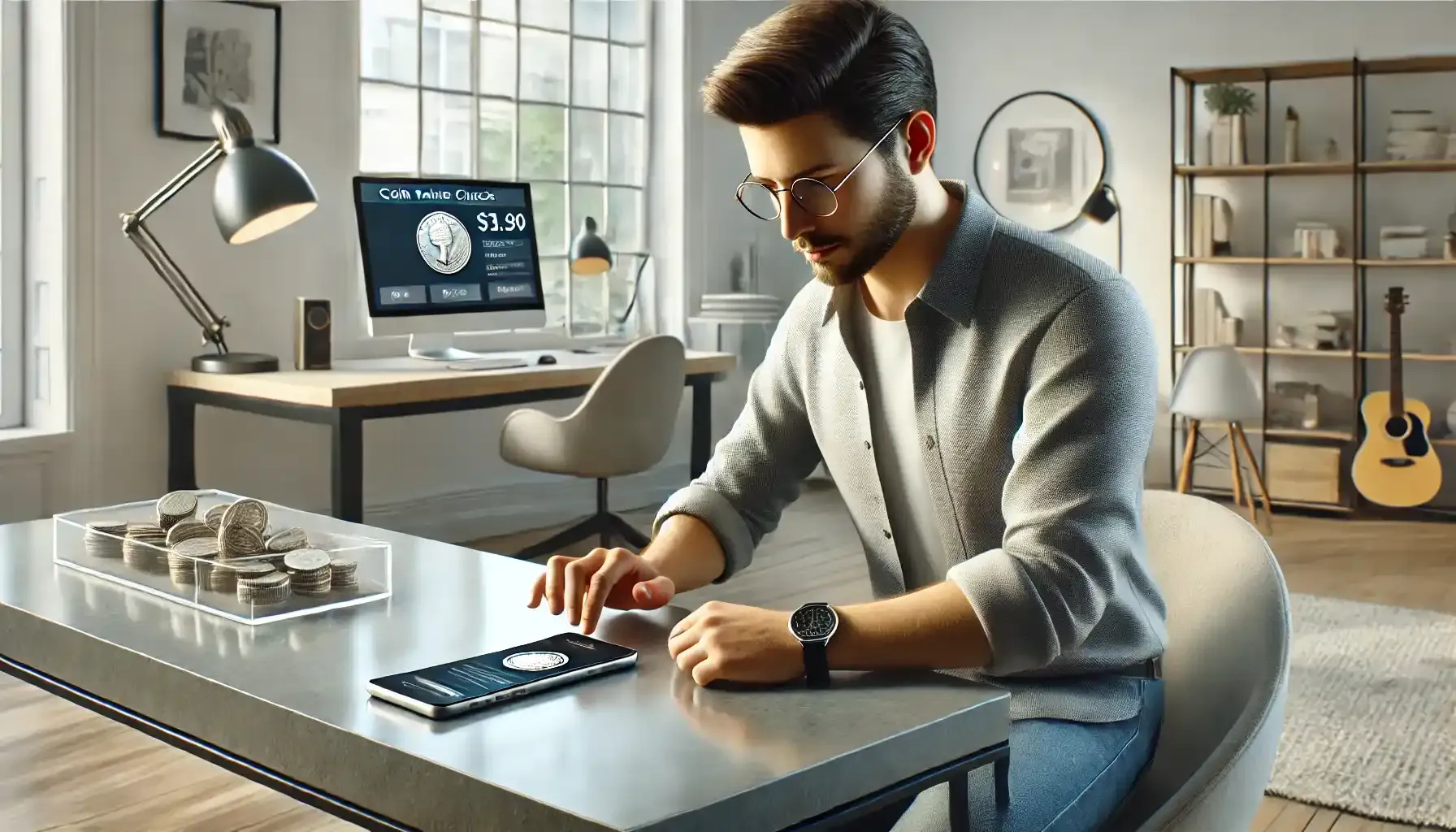 a male numismatist using a coin value checker app to identify a coin and assess it