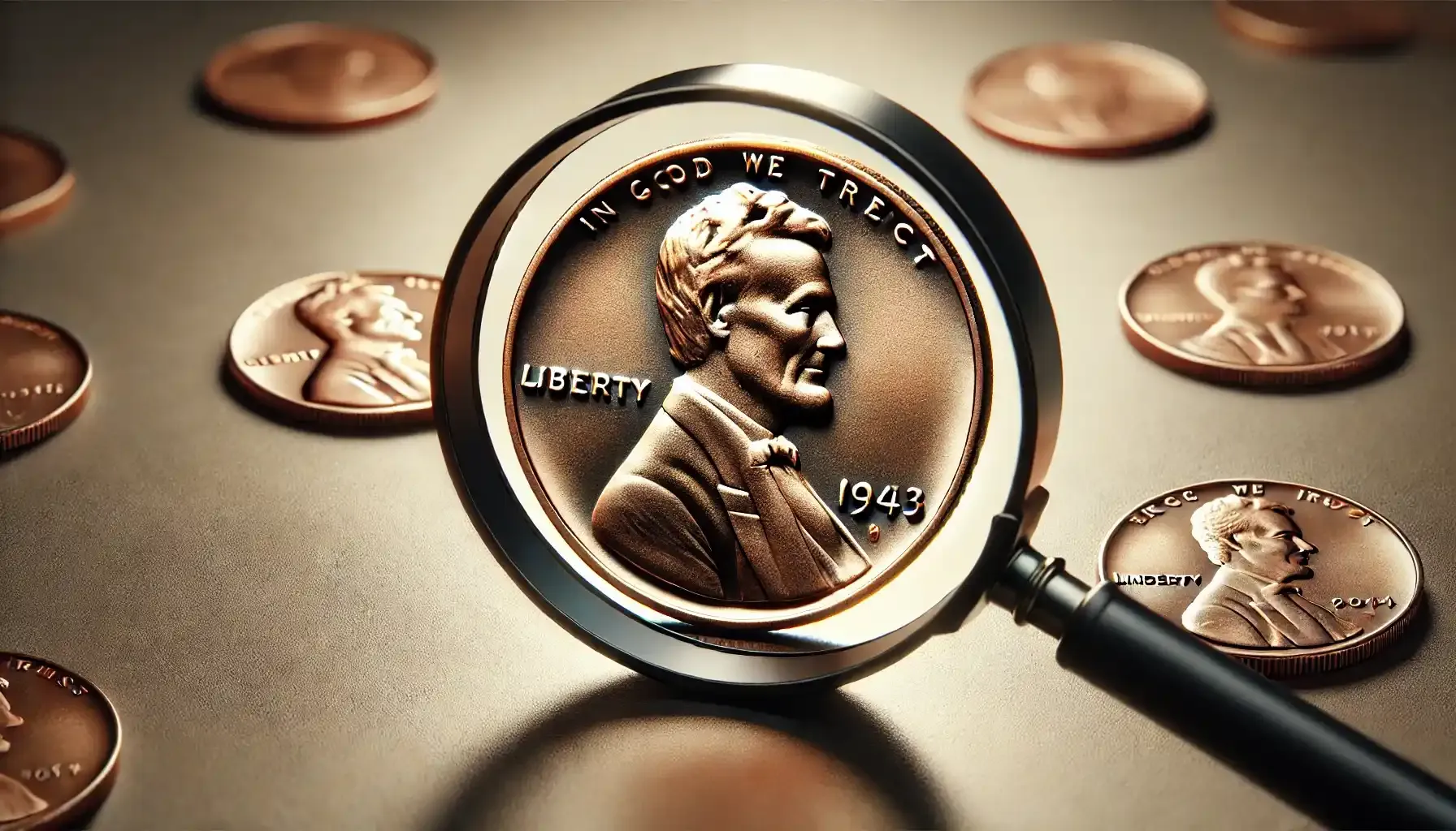 the 1943-D Lincoln Bronze Wheat Penny under a magnifying glass