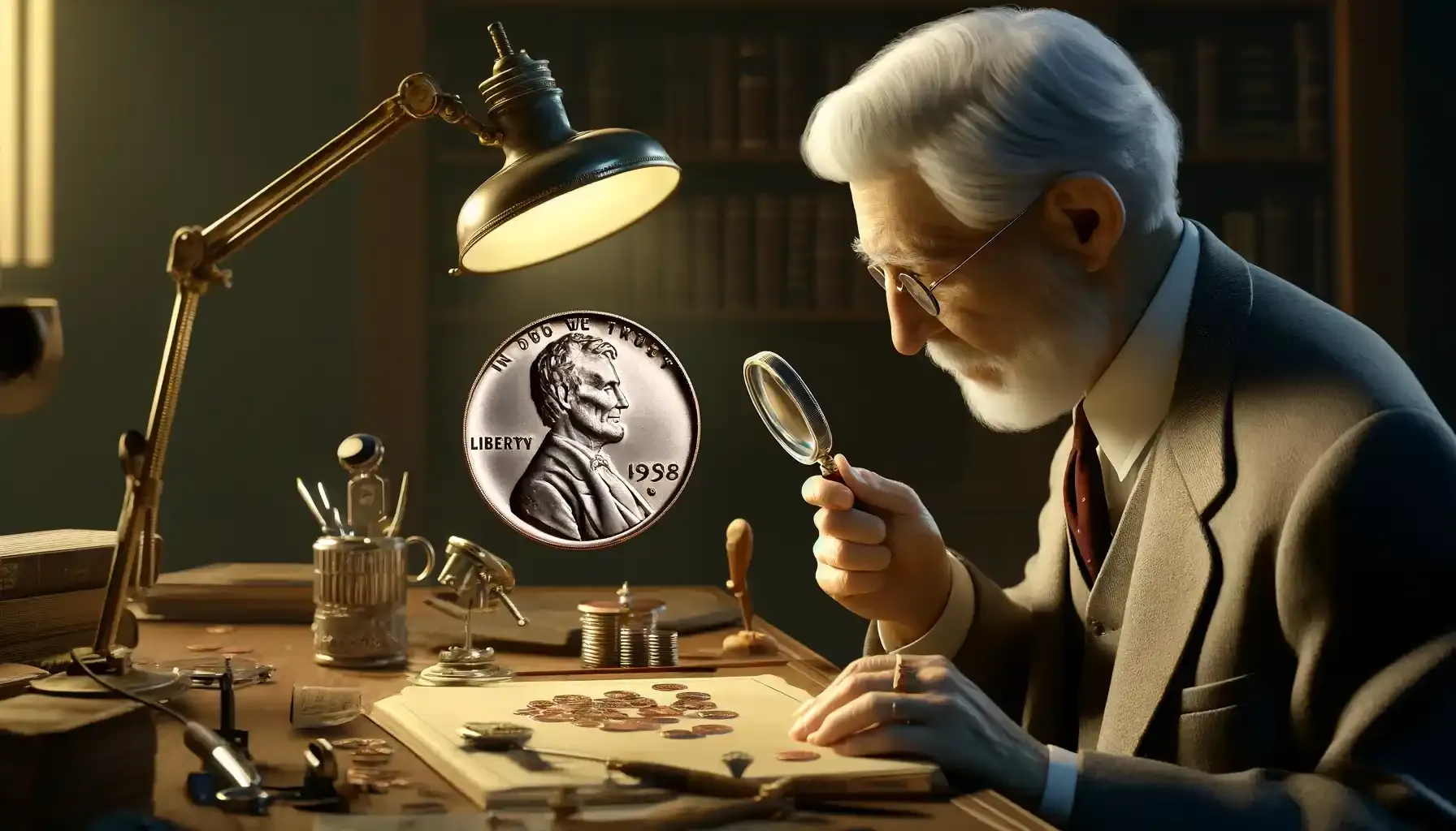 1958 Lincoln Cent Doubled Die Obverse is being examined by an elderly man