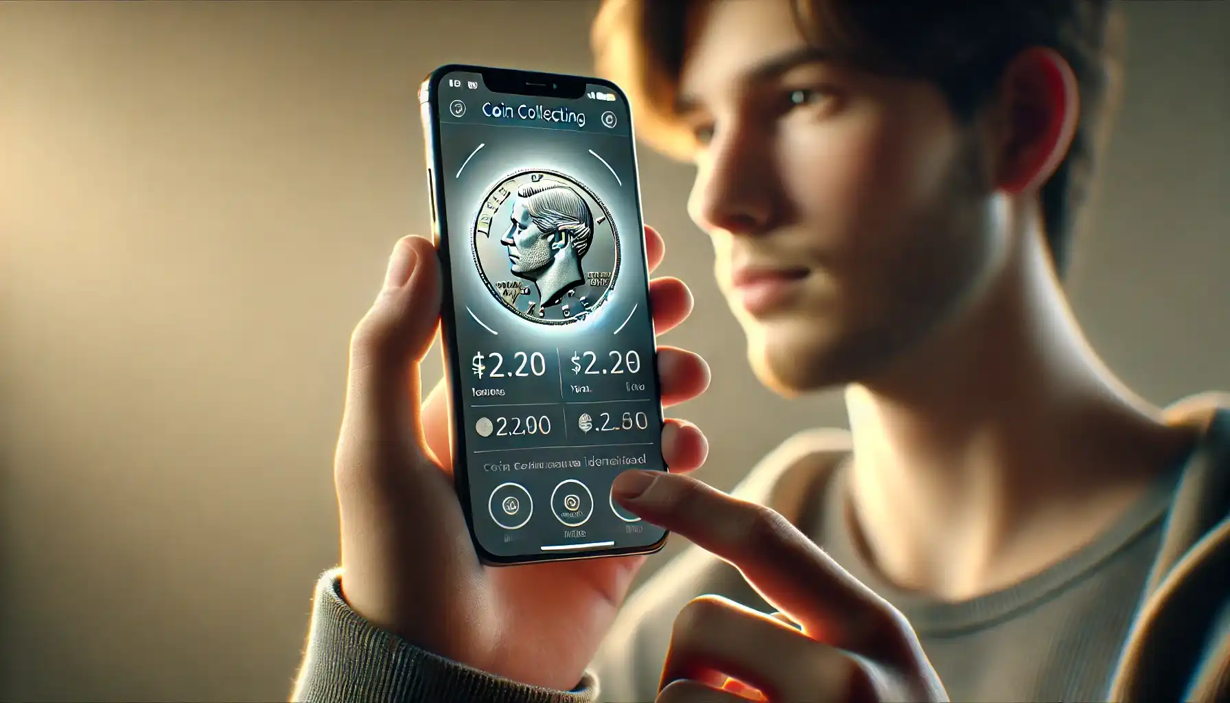 A young man is holding a smartphone with a coin collecting software open on the screen. The app's interface is visible, showing a coin was scanned and identified.