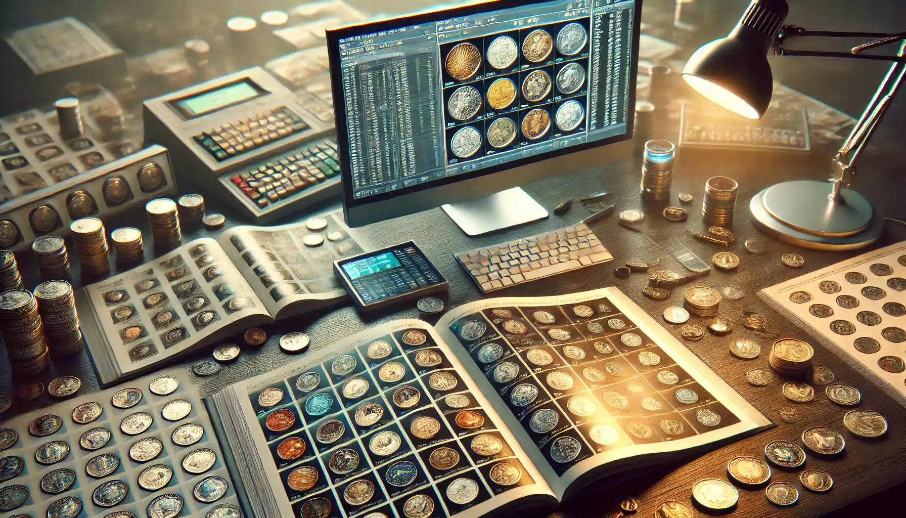 Close-up of the numismatist's workplace with catalogs and a computer on the table. On the computer installed modern coin software for collecting coins.