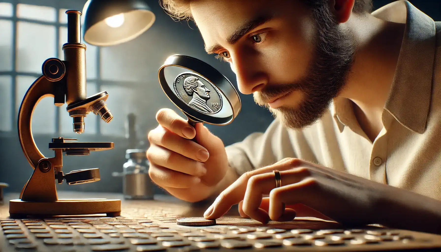 A picture of a coin collector carefully inspecting a coin through a loupe focused on every detail.