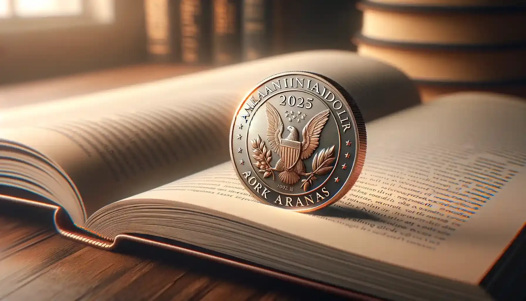 A coin resting on an open book, with the pages slightly curled and the coin positioned on top of the text