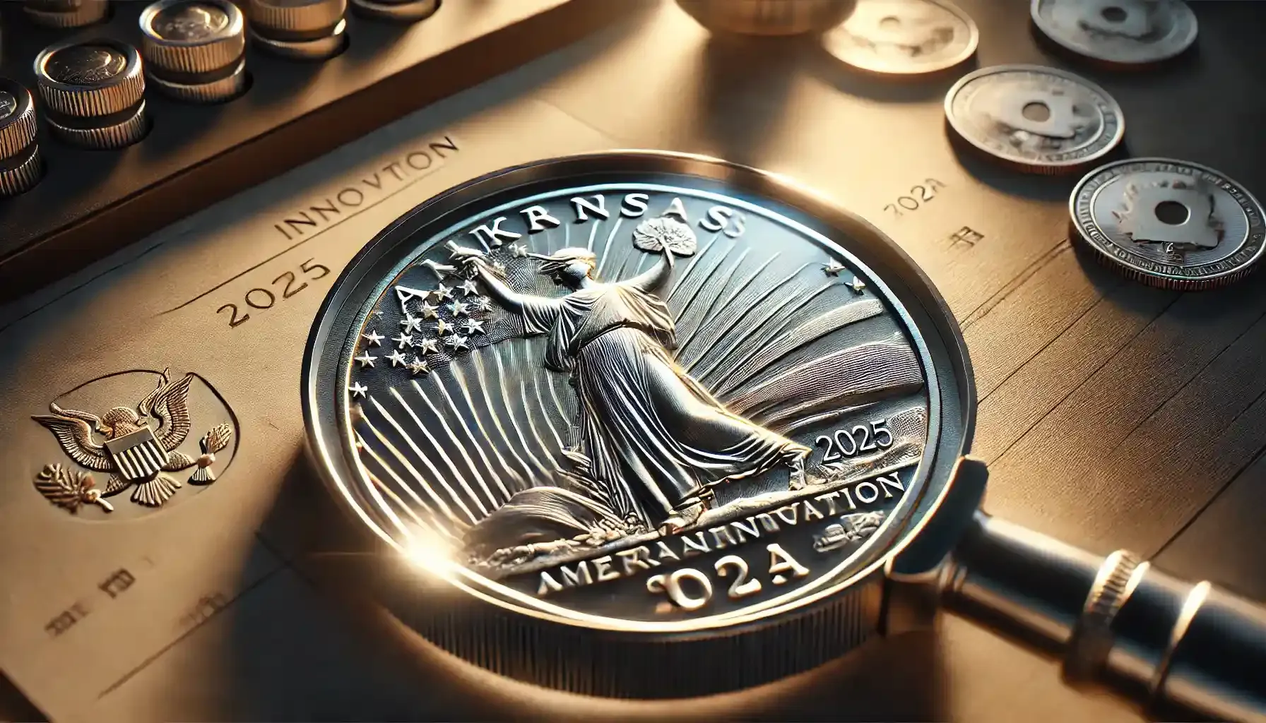 A close-up of a coin placed under a magnifying glass, highlighting its intricate details and features,