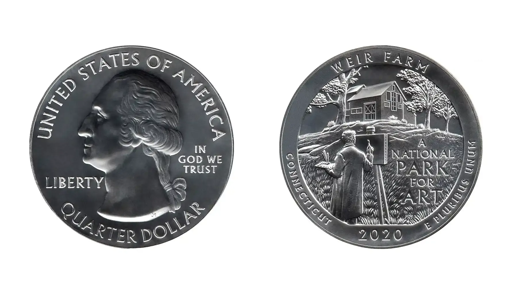 An image of the 2020 Weir Farm National Historic Site Washington Quarter with no visible mint mark on the coin.